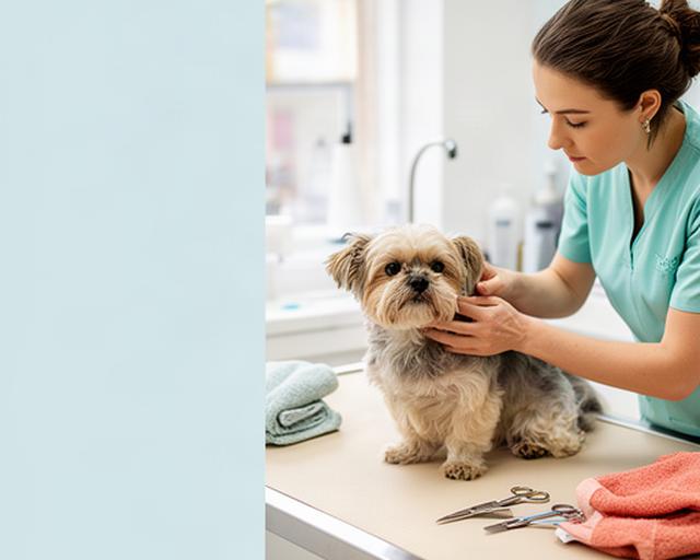 Groomer calmly checking a small dog’s coat at a clean grooming station before a bath